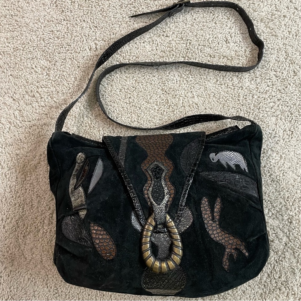 BPC DESIGN Black Suede VINTAGE 80's Applique CROSS BODY Exotic Animals PURSE Bag